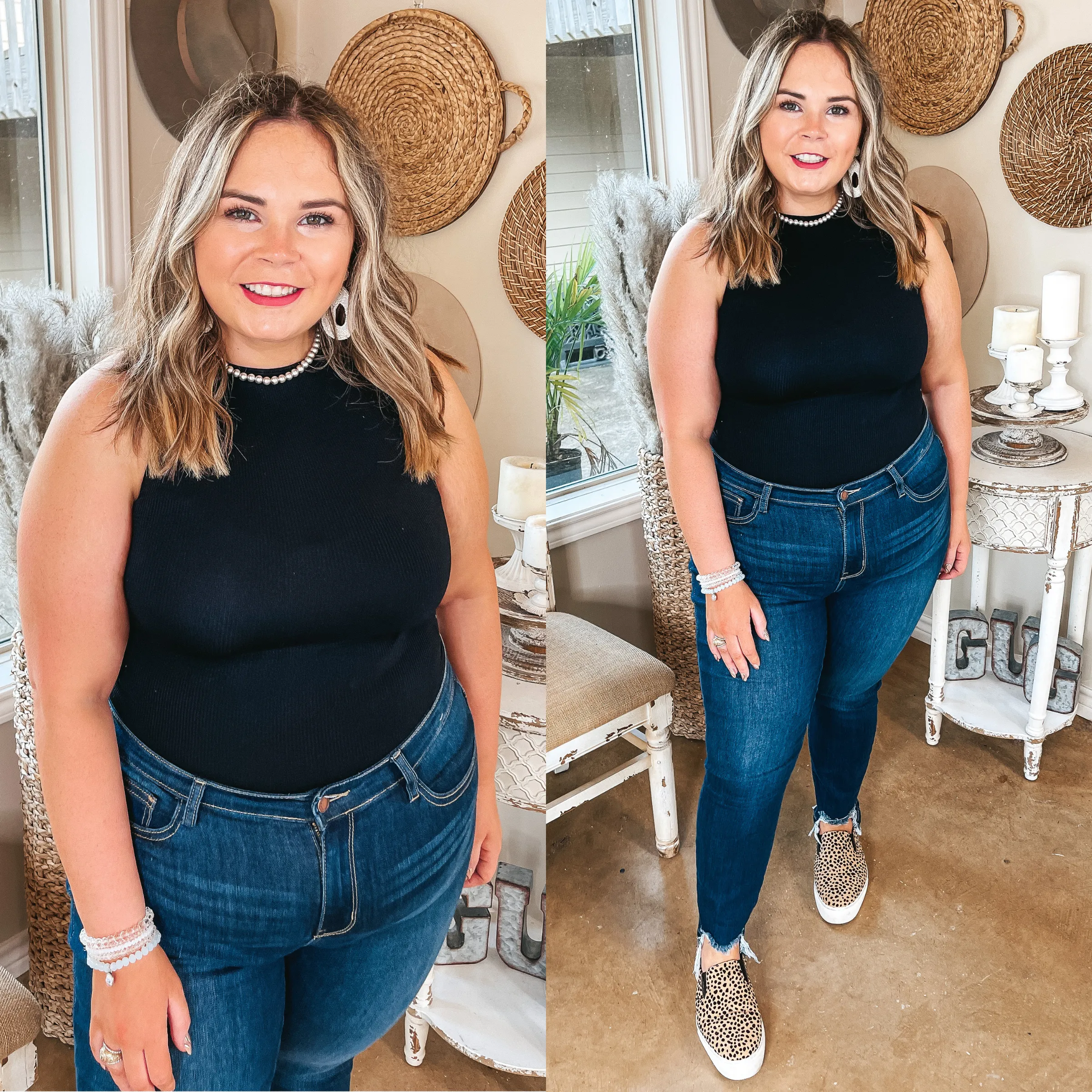 Love and Leisure High Neck Ribbed Tank Top Bodysuit in Black No Iron Fabric Neutral Tone Palette