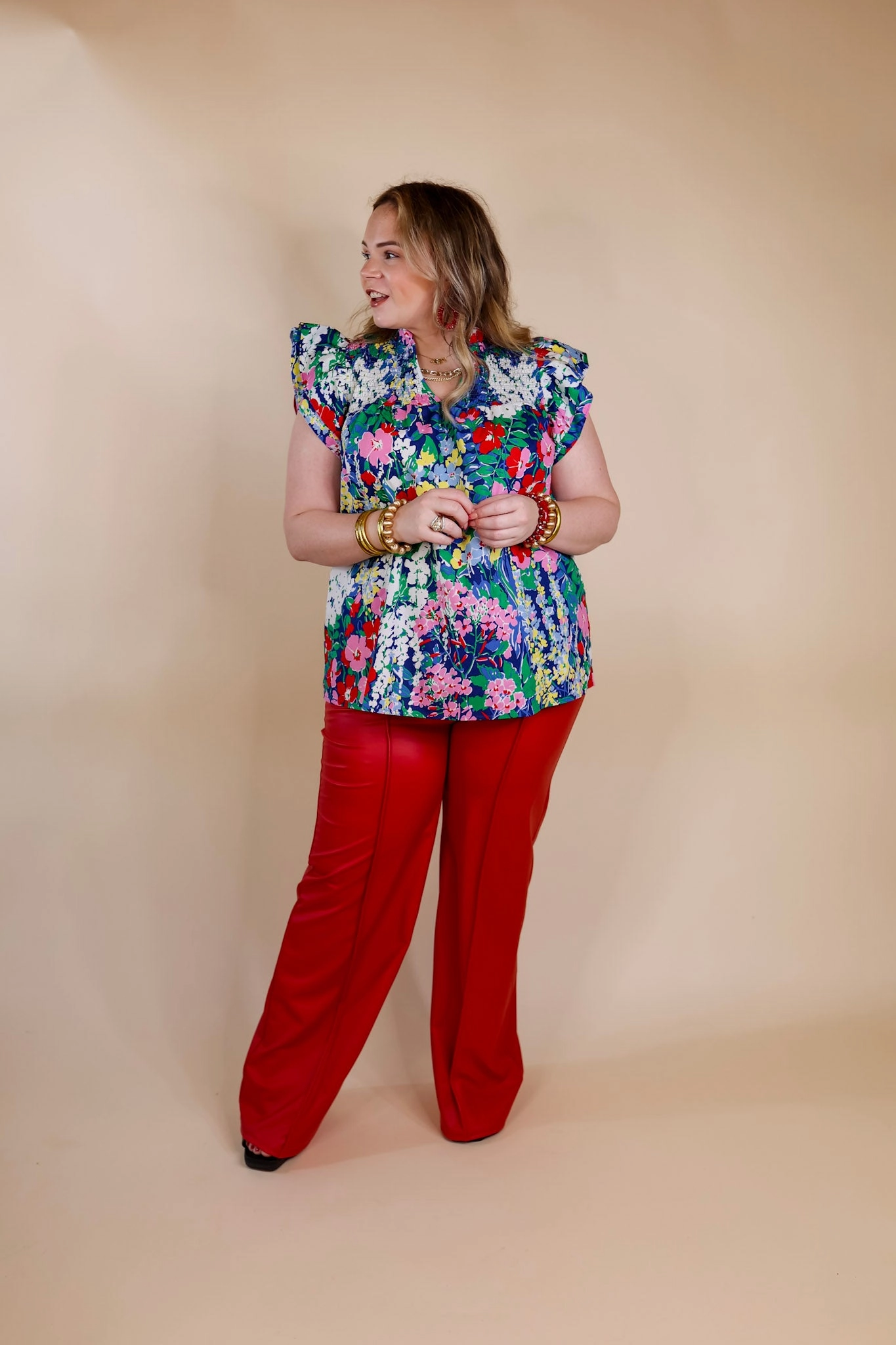 Lovely Line Up Floral Print Top with Ruffle Cap Sleeves in Blue Mix StainRepellentSurface