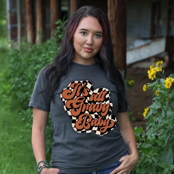 spandex blend Trendy Fabric Online Exclusive | It's All Gravy Baby Graphic on Short Sleeve Comfort Color Tee in Pepper Black