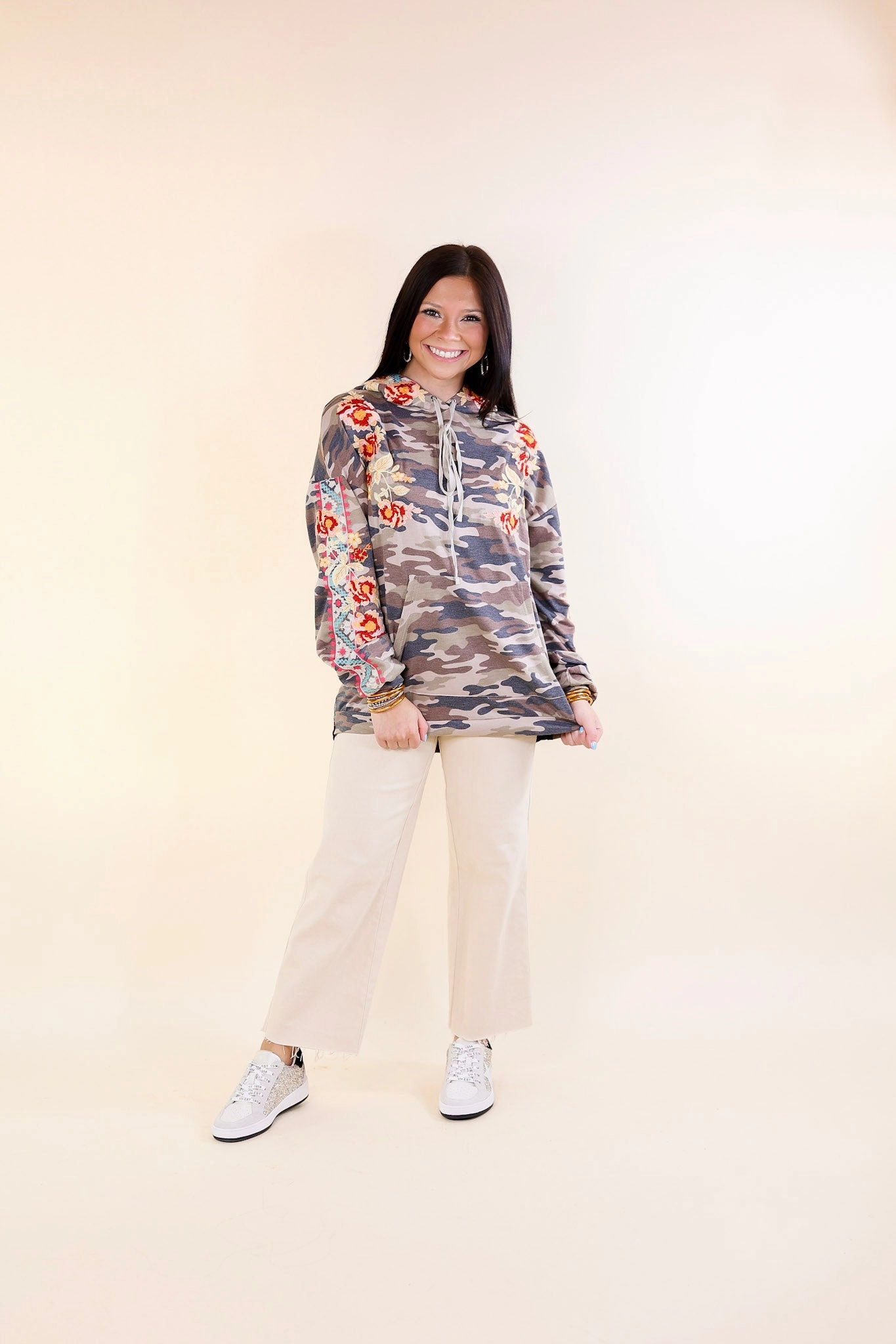 Grace and Bliss Embroidered Pullover Hoodie with Black Velvet Back in Camouflage Reinforced Neckline Detail UltraSoft Lining