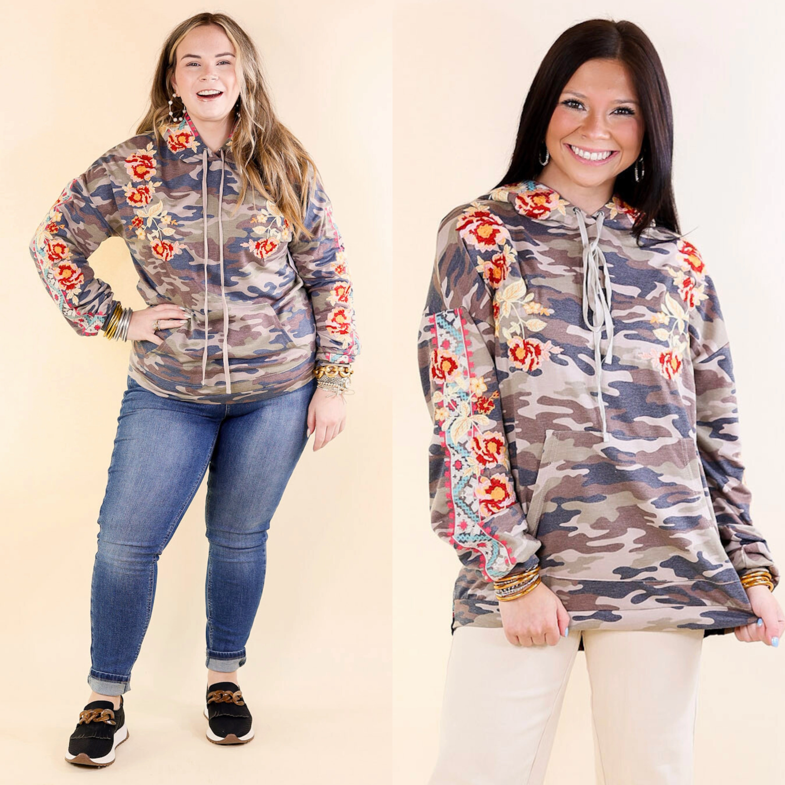 Grace and Bliss Embroidered Pullover Hoodie with Black Velvet Back in Camouflage Smooth Stitching
