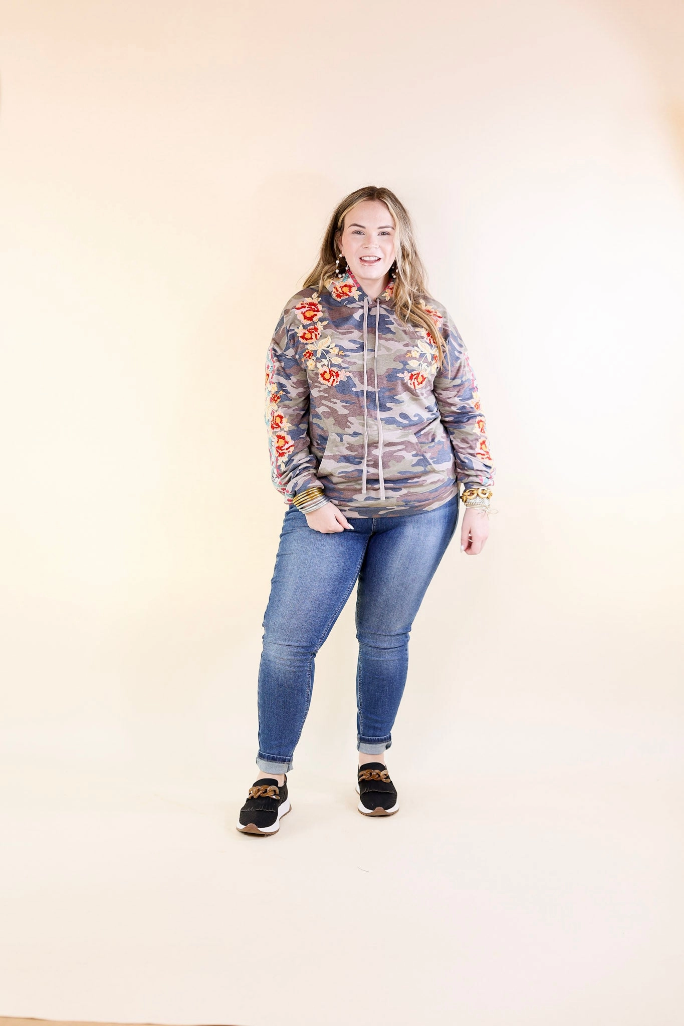 AntiStatic Treatment Luxurious Feel Grace and Bliss Embroidered Pullover Hoodie with Black Velvet Back in Camouflage