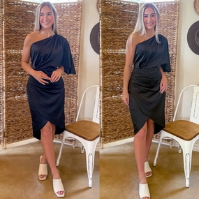Graceful and Gorgeous One Shoulder Satin Midi Dress in Black AdjustableWaistband Story Glow