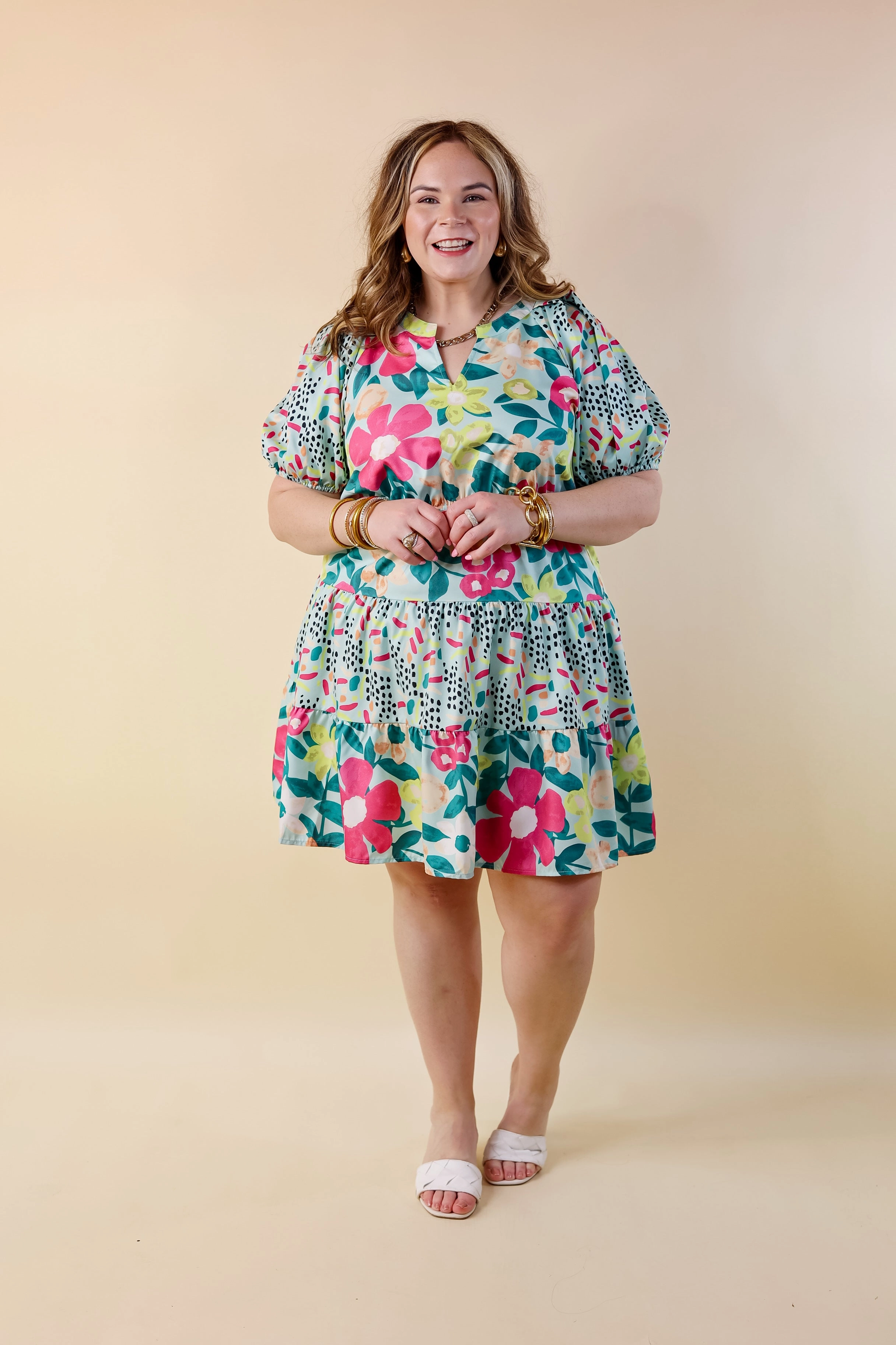 Gramercy Garden Floral Tiered Dress with Short Balloon Sleeves in Light Mint Blue Mix Placket Closure Sky Cool