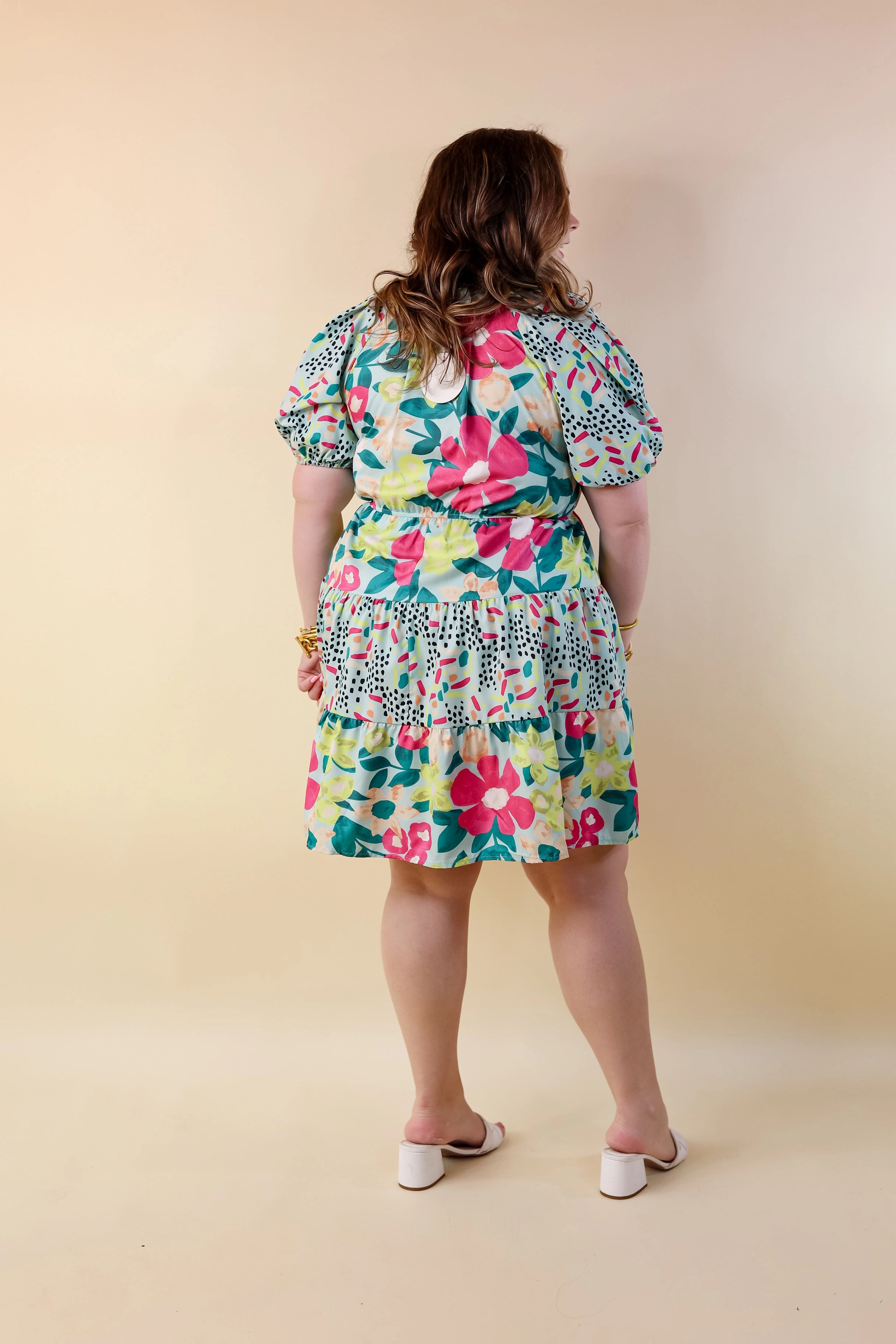 Gramercy Garden Floral Tiered Dress with Short Balloon Sleeves in Light Mint Blue Mix Thermal Insulation Fearless Mode