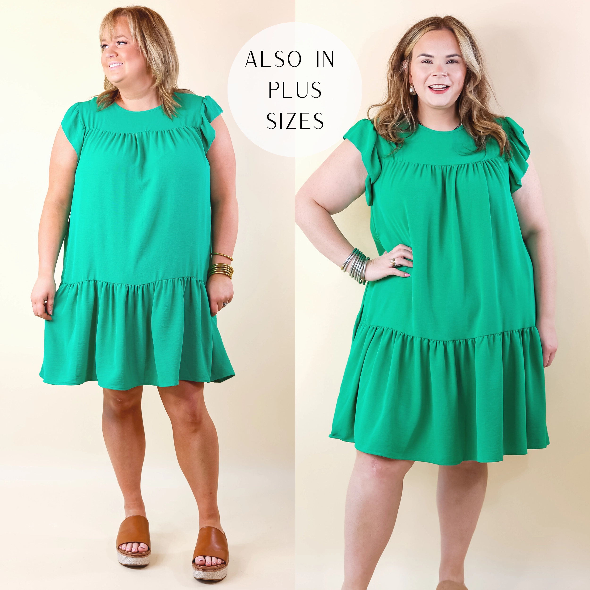 Greek Isles Solid Dress with Ruffle Cap Sleeves in Green American Ease AdjustableHemline