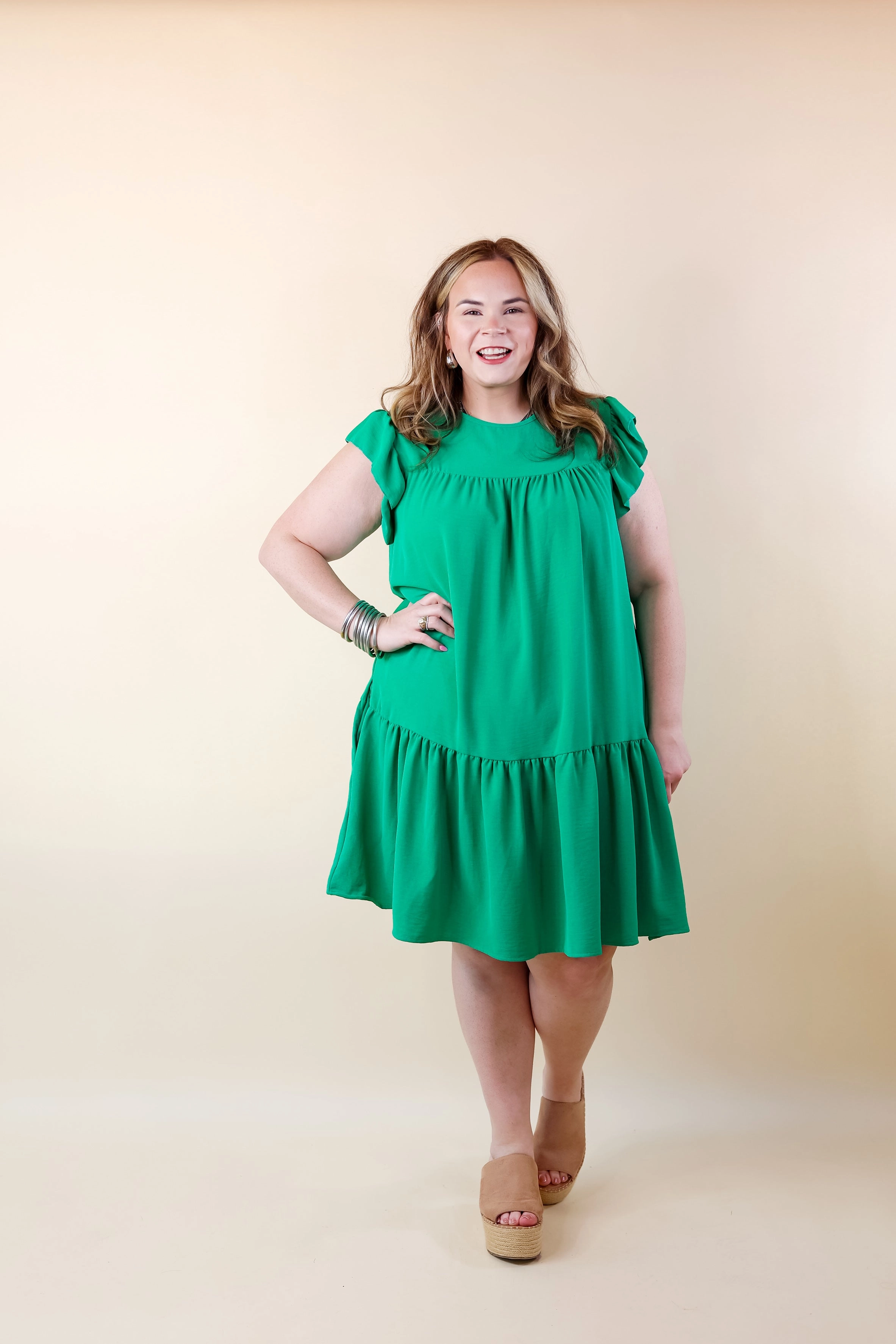 Greek Isles Solid Dress with Ruffle Cap Sleeves in Green Fast Fit