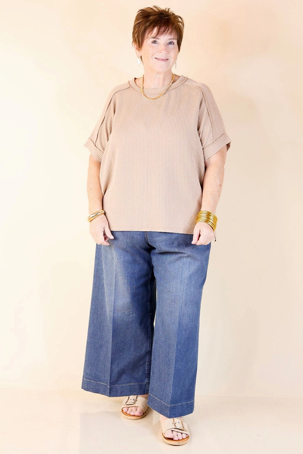 Daily Perfection Scoop Neck Short Sleeve Ribbed Top in Mocha Brown Affordable Fashion Tear Resistant Reinforcement