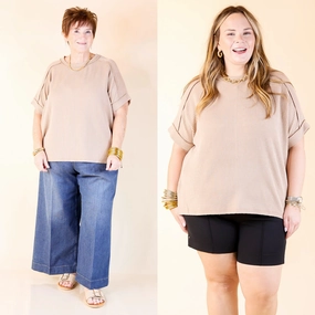 Comfy Layer Brushed Inner Lining Daily Perfection Scoop Neck Short Sleeve Ribbed Top in Mocha Brown
