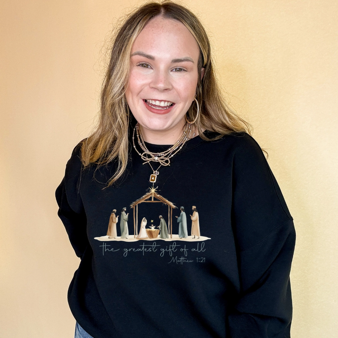 Online Exclusive | The Greatest Gift of All Nativity Scene Graphic Sweatshirt in Multiple Color Options Tight fit sexiness