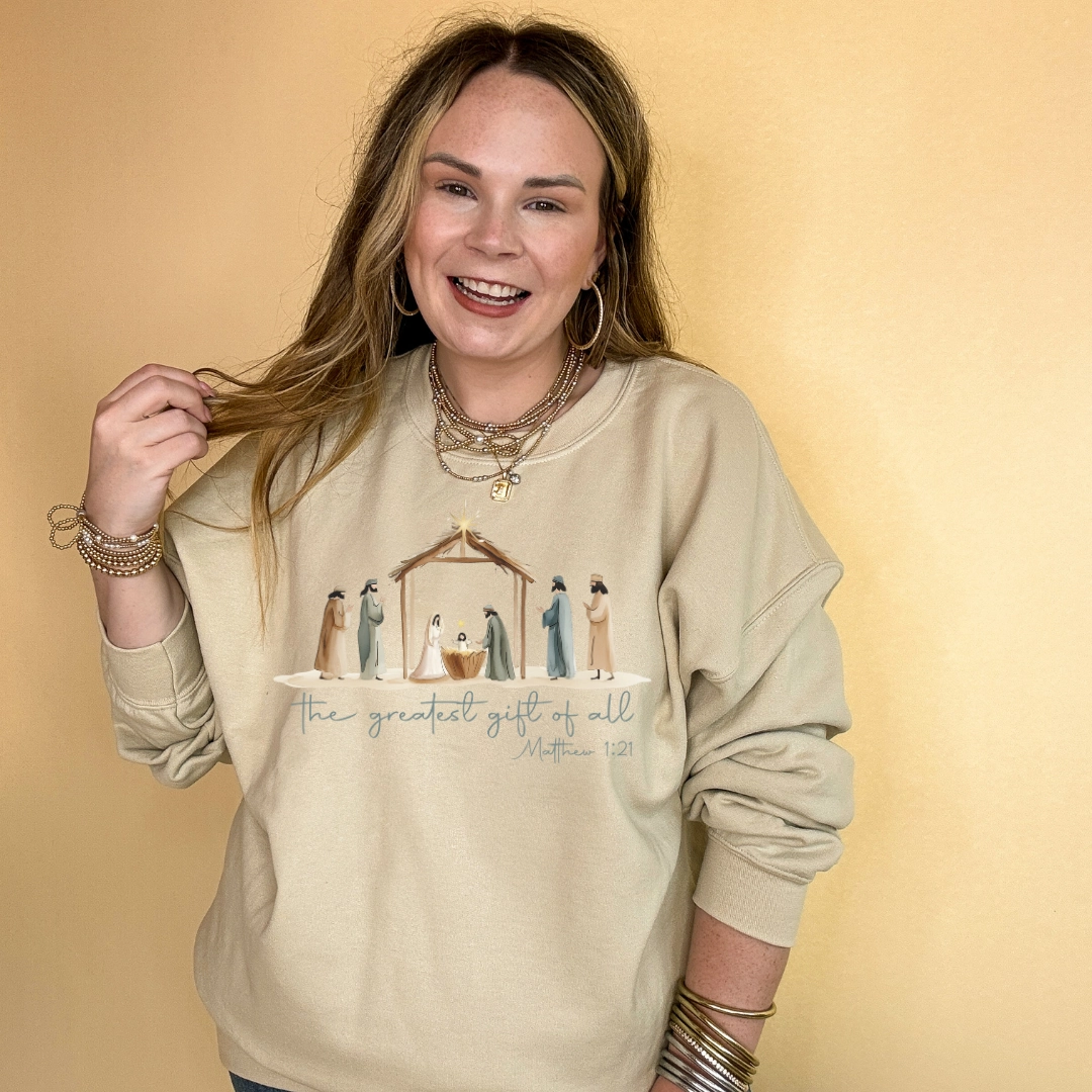 Online Exclusive | The Greatest Gift of All Nativity Scene Graphic Sweatshirt in Multiple Color Options Stylish Day Wear TemperatureRegulating