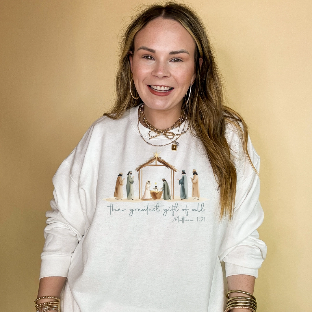Online Exclusive | The Greatest Gift of All Nativity Scene Graphic Sweatshirt in Multiple Color Options Casual Flex Fit Vibrant Colors