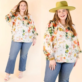 Weekend Casual Hampton Hideout Floral Blouse with Keyhole and Tie Neckline in Off White