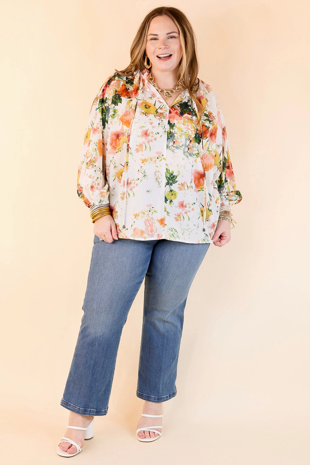 Hampton Hideout Floral Blouse with Keyhole and Tie Neckline in Off White Snug feel