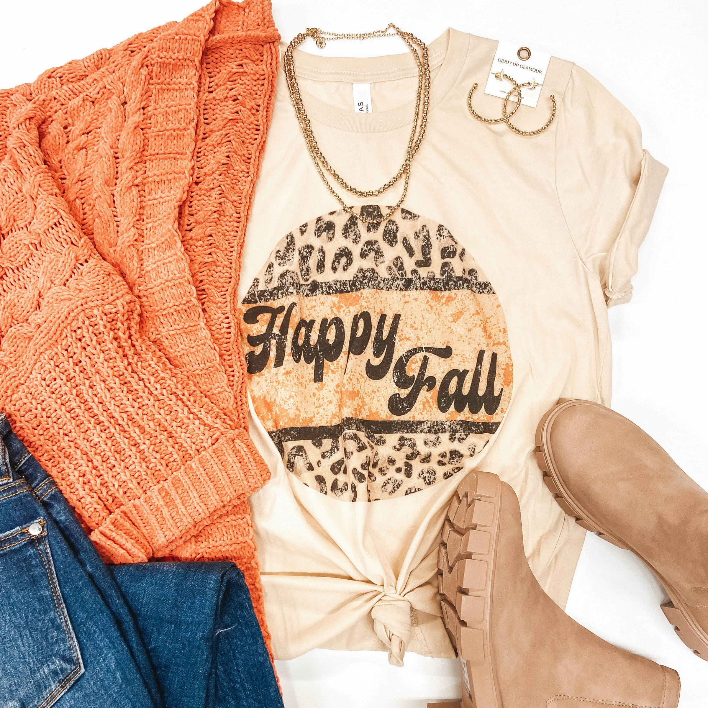 Happy Fall Leopard Print Detail Graphic Tee in Beige Fashionable Skirt