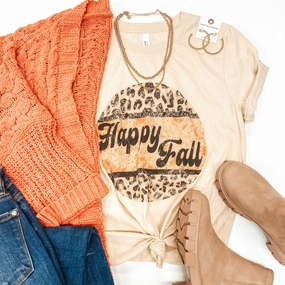 Happy Fall Leopard Print Detail Graphic Tee in Beige Stylish Jeans AntiSlip Grip