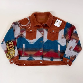 Hard To Forget Aztec Print Button Up Jacket with Corduroy Trim in Rust Orange VersatileStyle