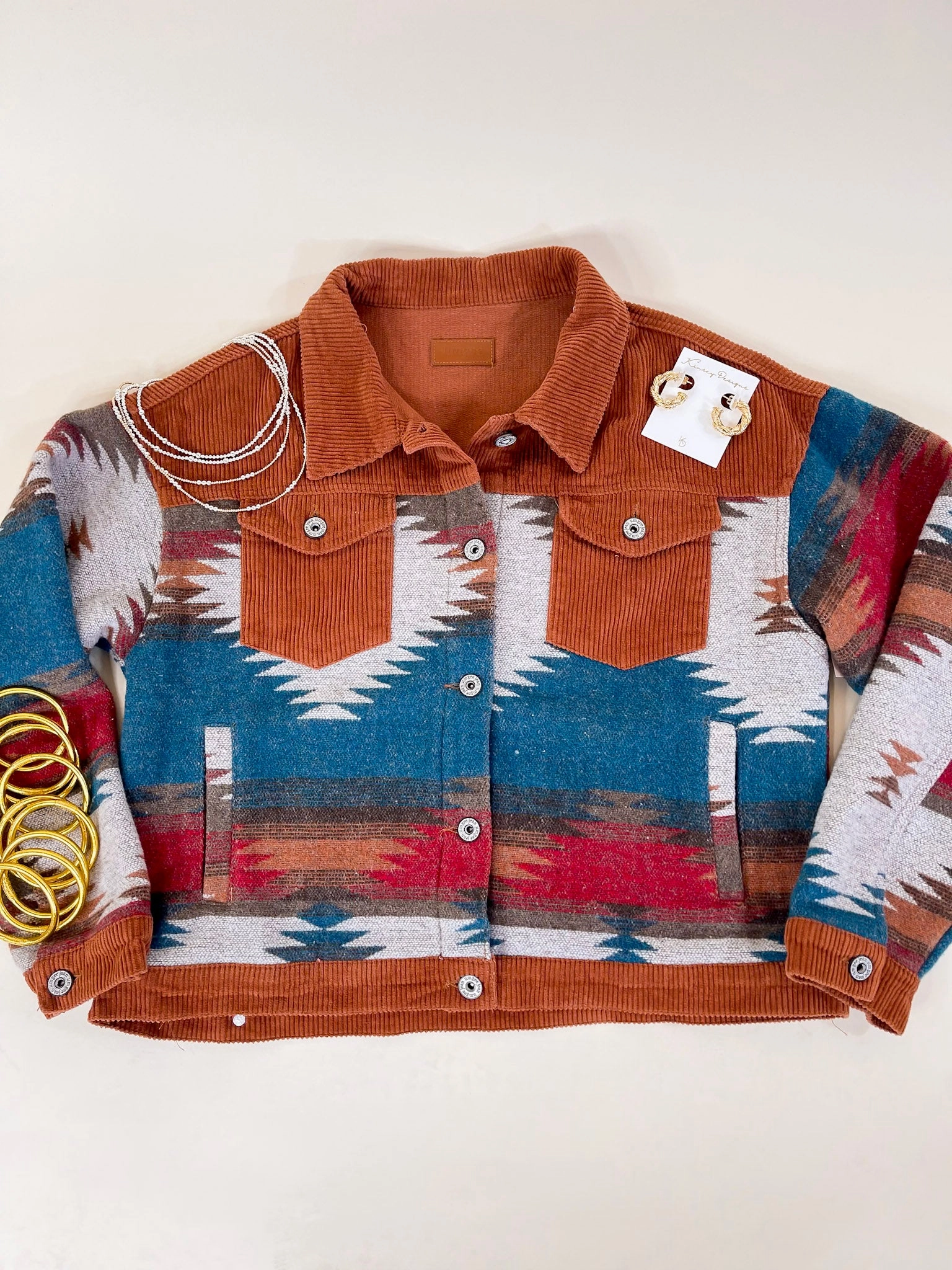 Reinforced Stitching Myth Glow Hard To Forget Aztec Print Button Up Jacket with Corduroy Trim in Rust Orange