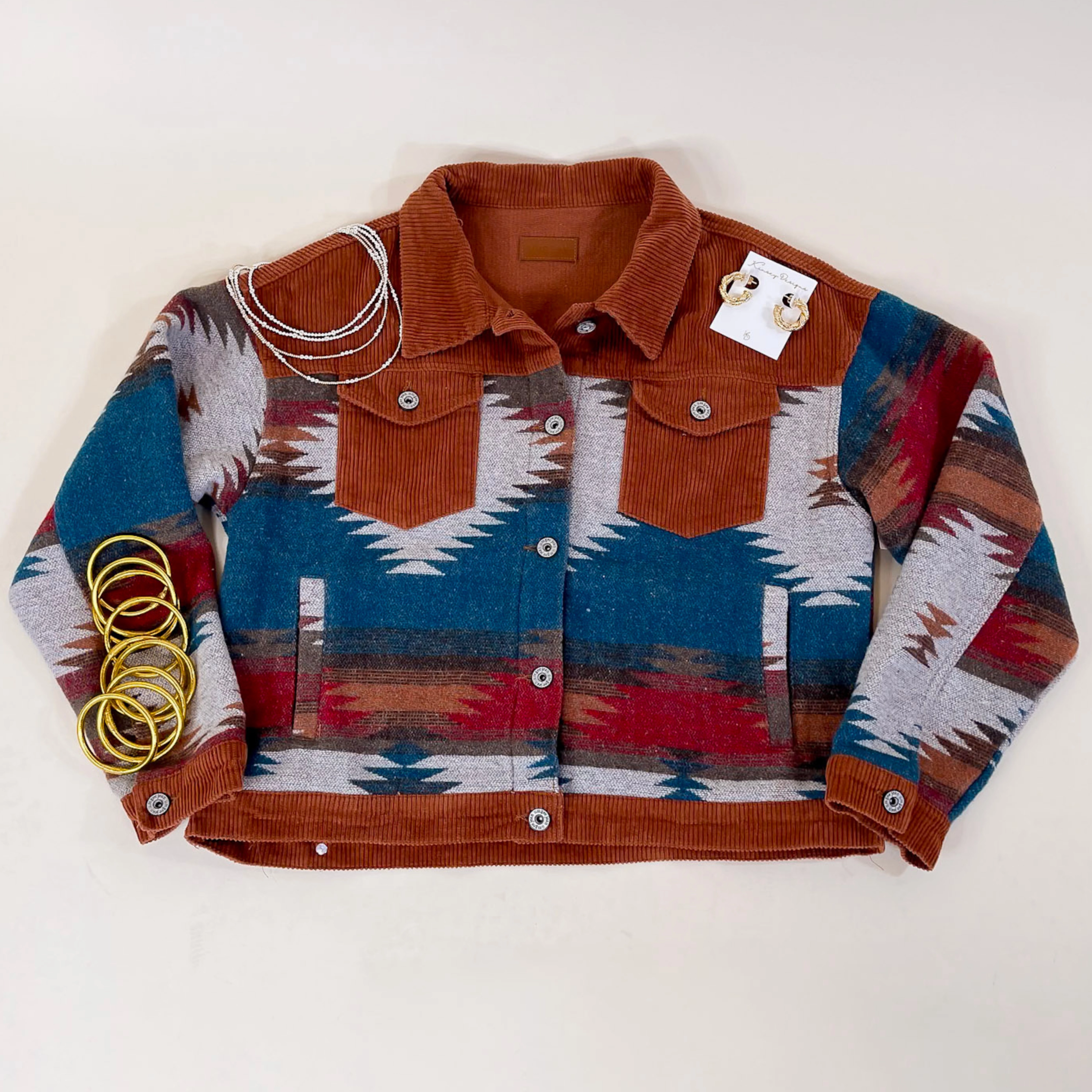 Hard To Forget Aztec Print Button Up Jacket with Corduroy Trim in Rust Orange VersatileStyle