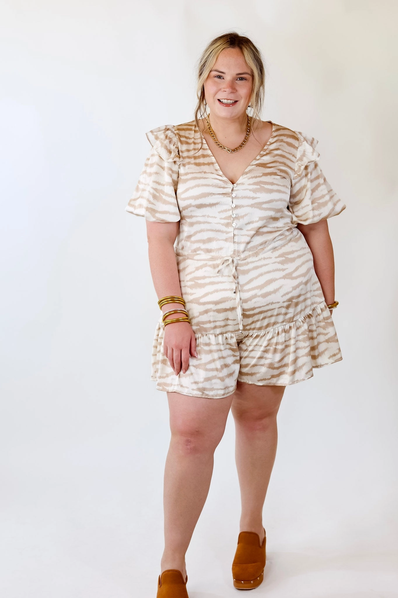 WrinkleResistant Head Turner Animal Print Romper in Beige and Cream