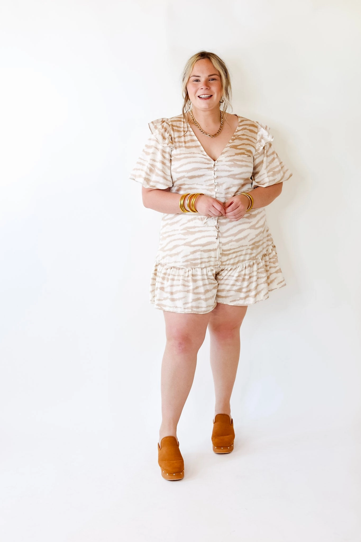 Elegant Pants TactileStitching Head Turner Animal Print Romper in Beige and Cream