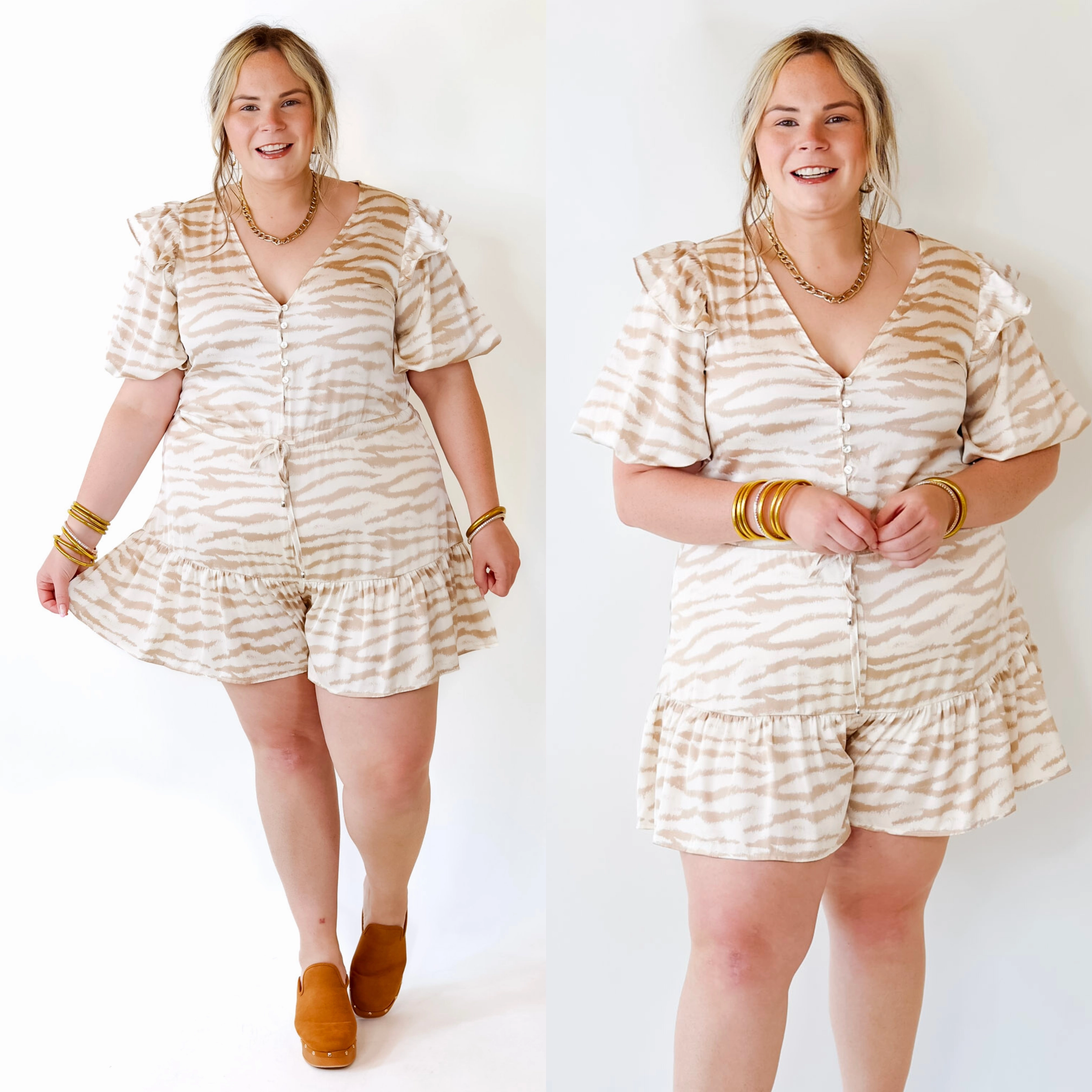 Raw Edge Detail Head Turner Animal Print Romper in Beige and Cream