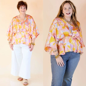 Hear the Music Drop Sleeve Satin Mosaic Print V Neck Peplum Top in Coral Pink Mix Workwear Option