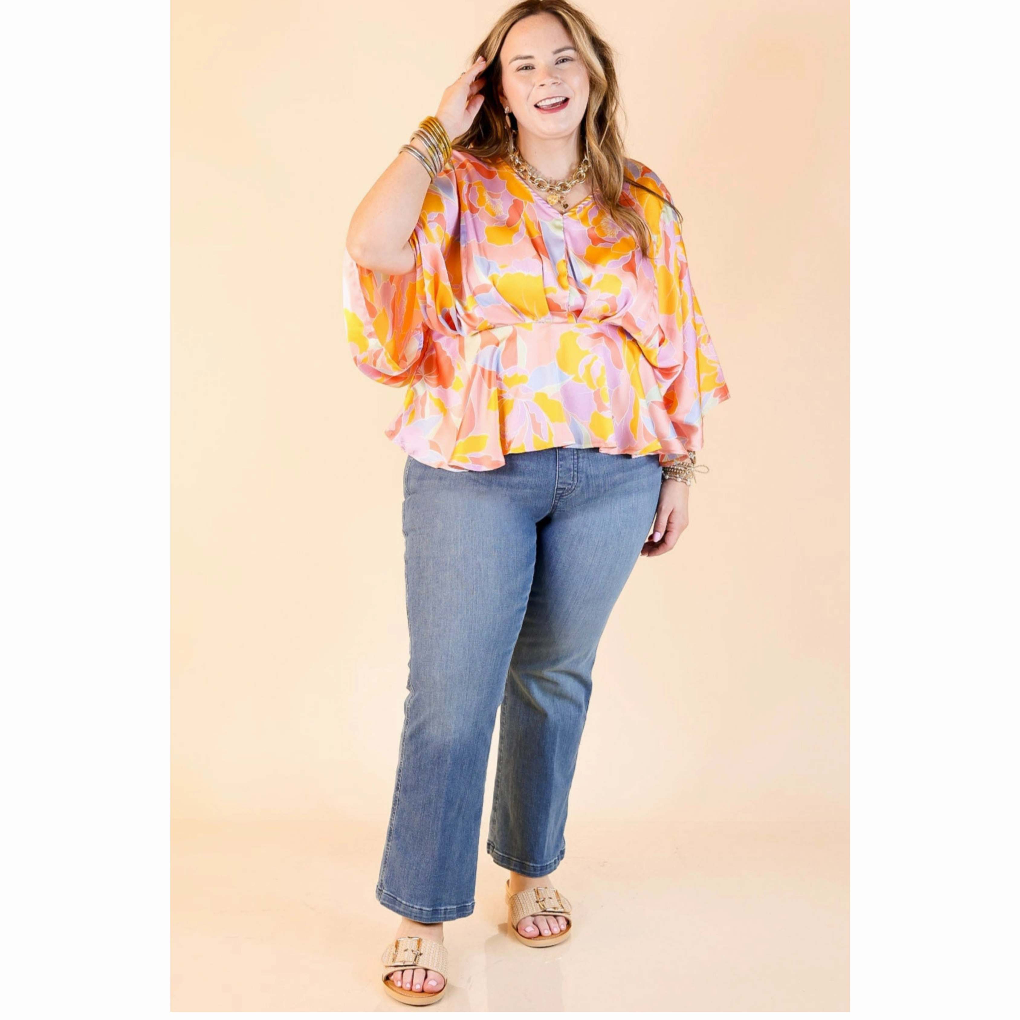 Striped Design Sleek Silhouette Hear the Music Drop Sleeve Satin Mosaic Print V Neck Peplum Top in Coral Pink Mix