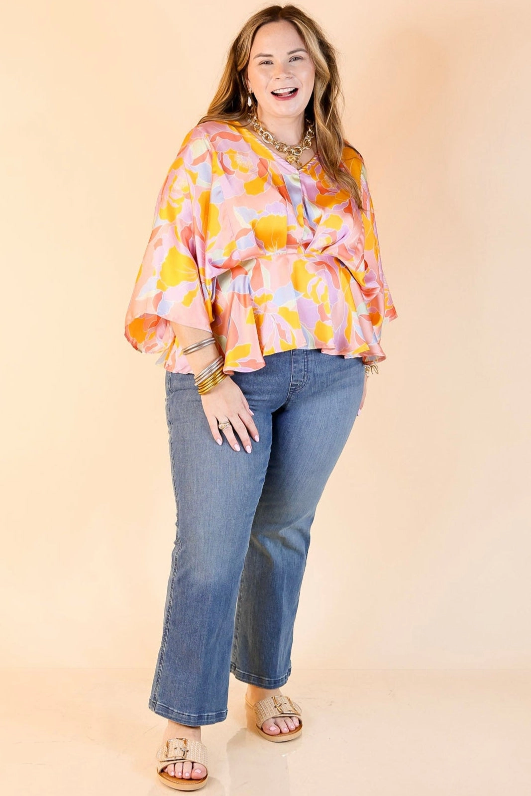 Hear the Music Drop Sleeve Satin Mosaic Print V Neck Peplum Top in Coral Pink Mix Casual Friday
