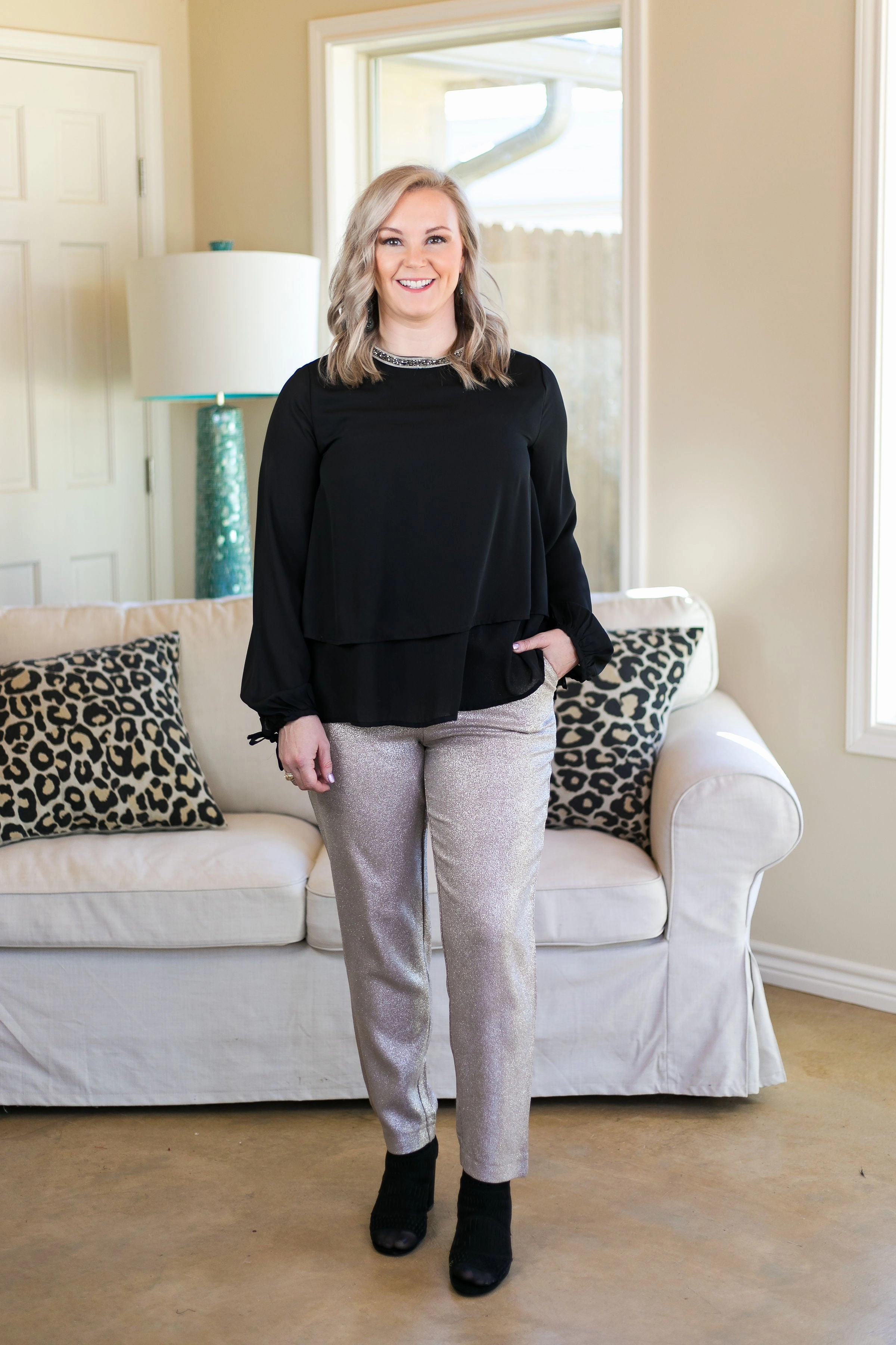 Heartbreak Girl Metallic Pleated Pants in Silver OdorControl Technology WearResistantHem