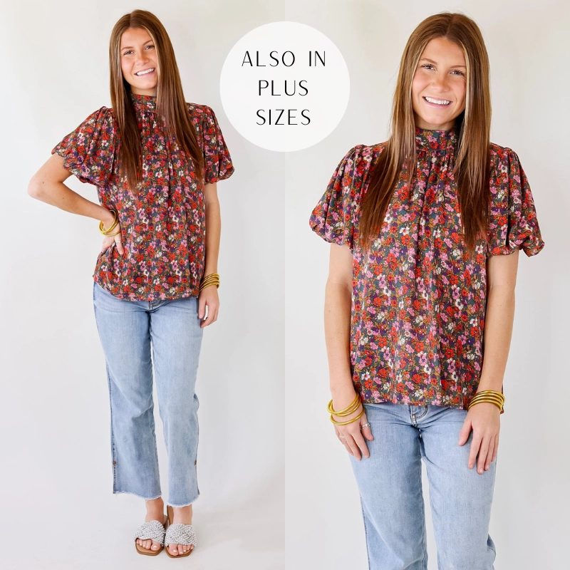 Dream Feel Romance Air Last Chance Size Small | All Day Divine Mock Neck Floral Short Sleeve Top with Tie Back