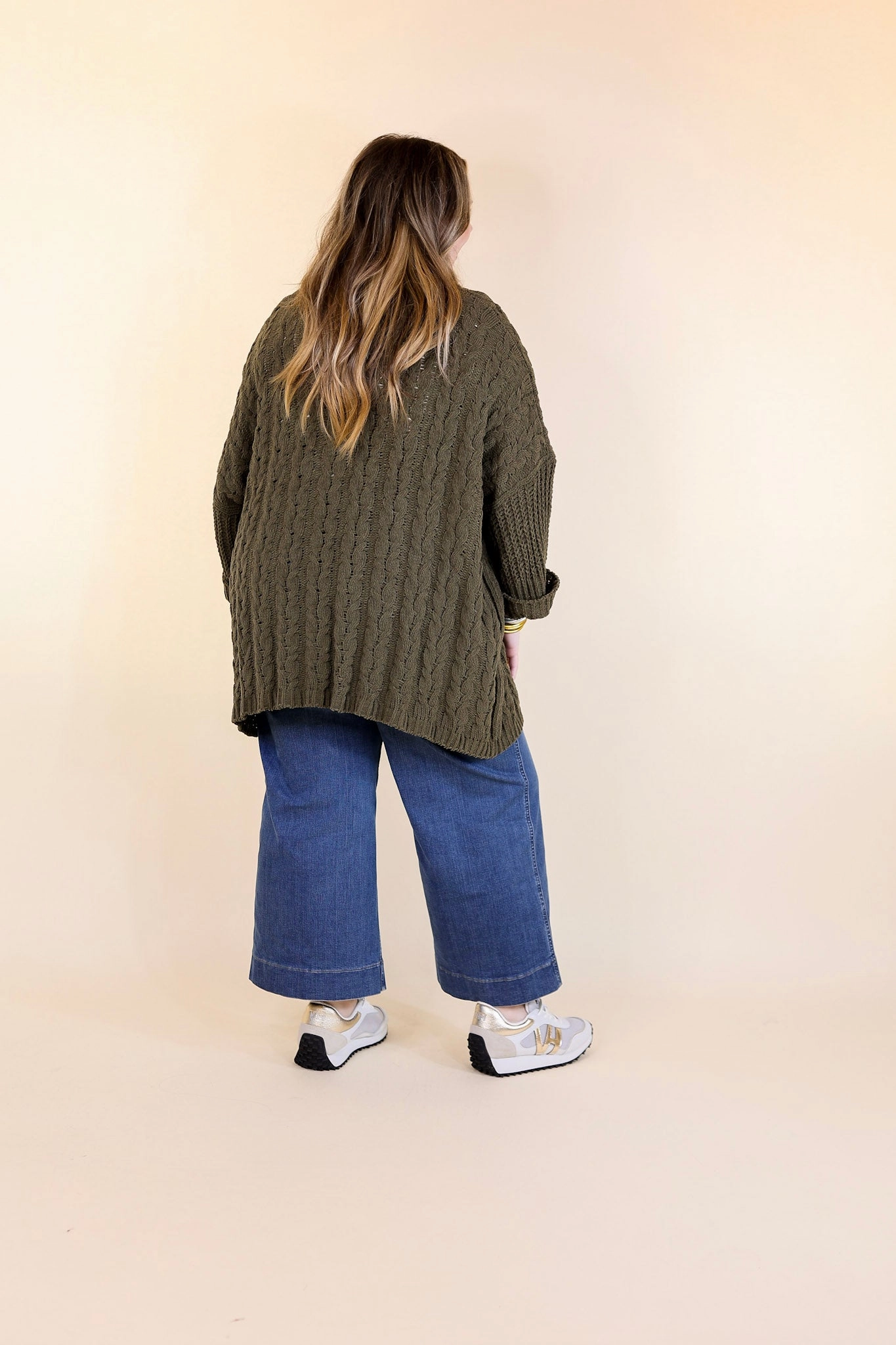 Stretch Weave Construction Easy Wear On My Level Chenille Cable Knit Open Front Cardigan in Olive Green