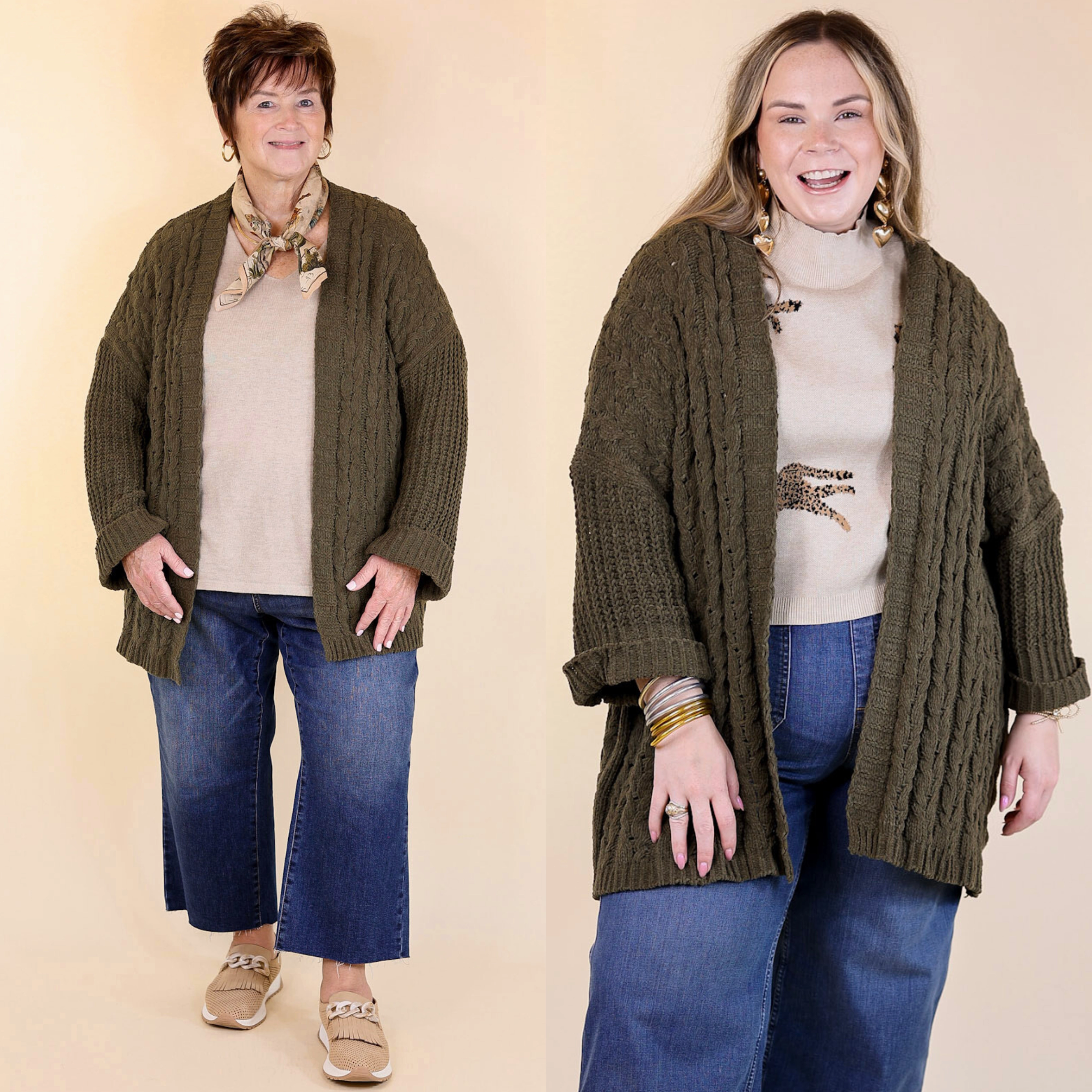 Flatlock Seam Technique On My Level Chenille Cable Knit Open Front Cardigan in Olive Green