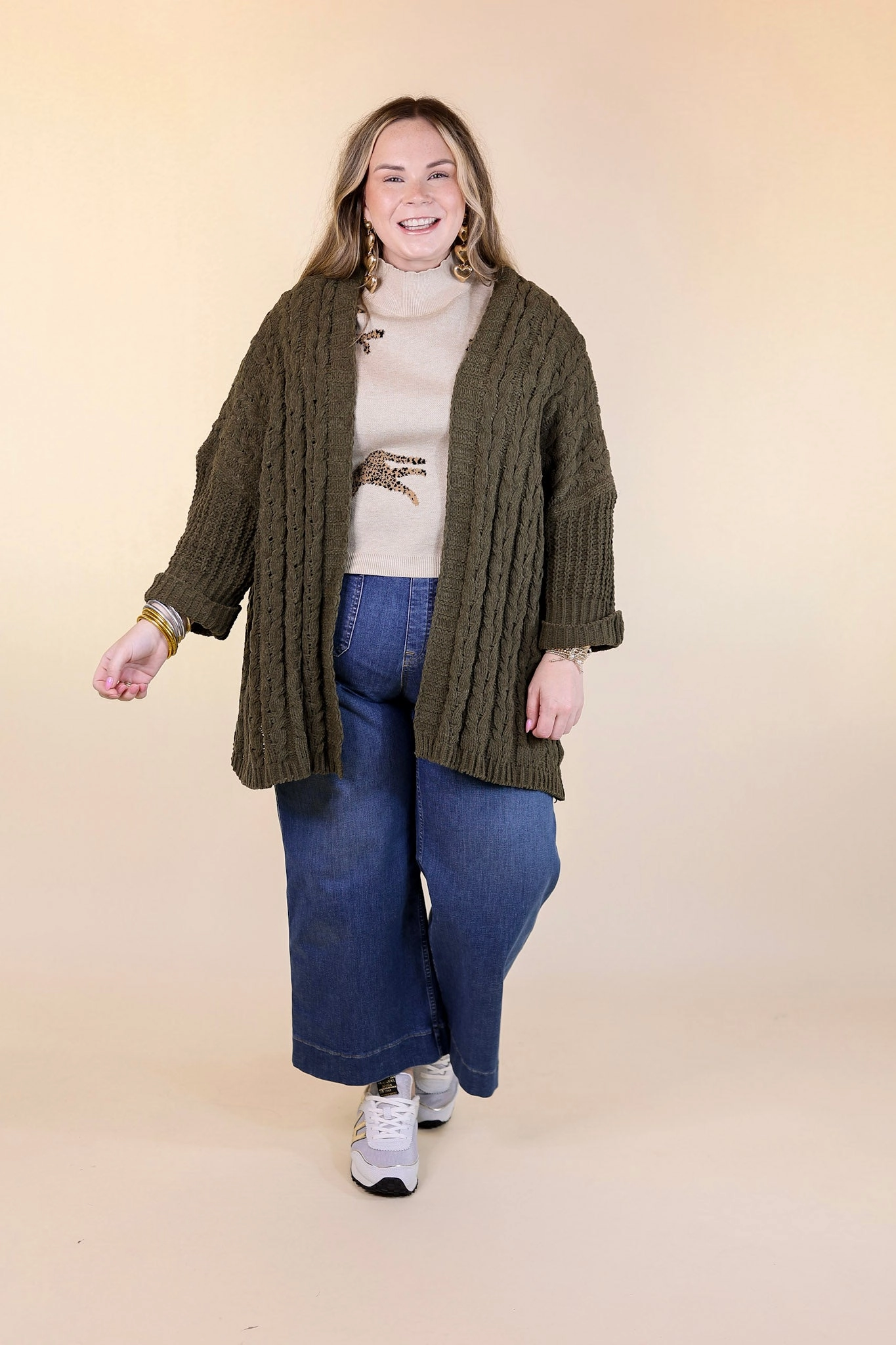 On My Level Chenille Cable Knit Open Front Cardigan in Olive Green Ultrasoft Inner Lining FlexibleNeckline