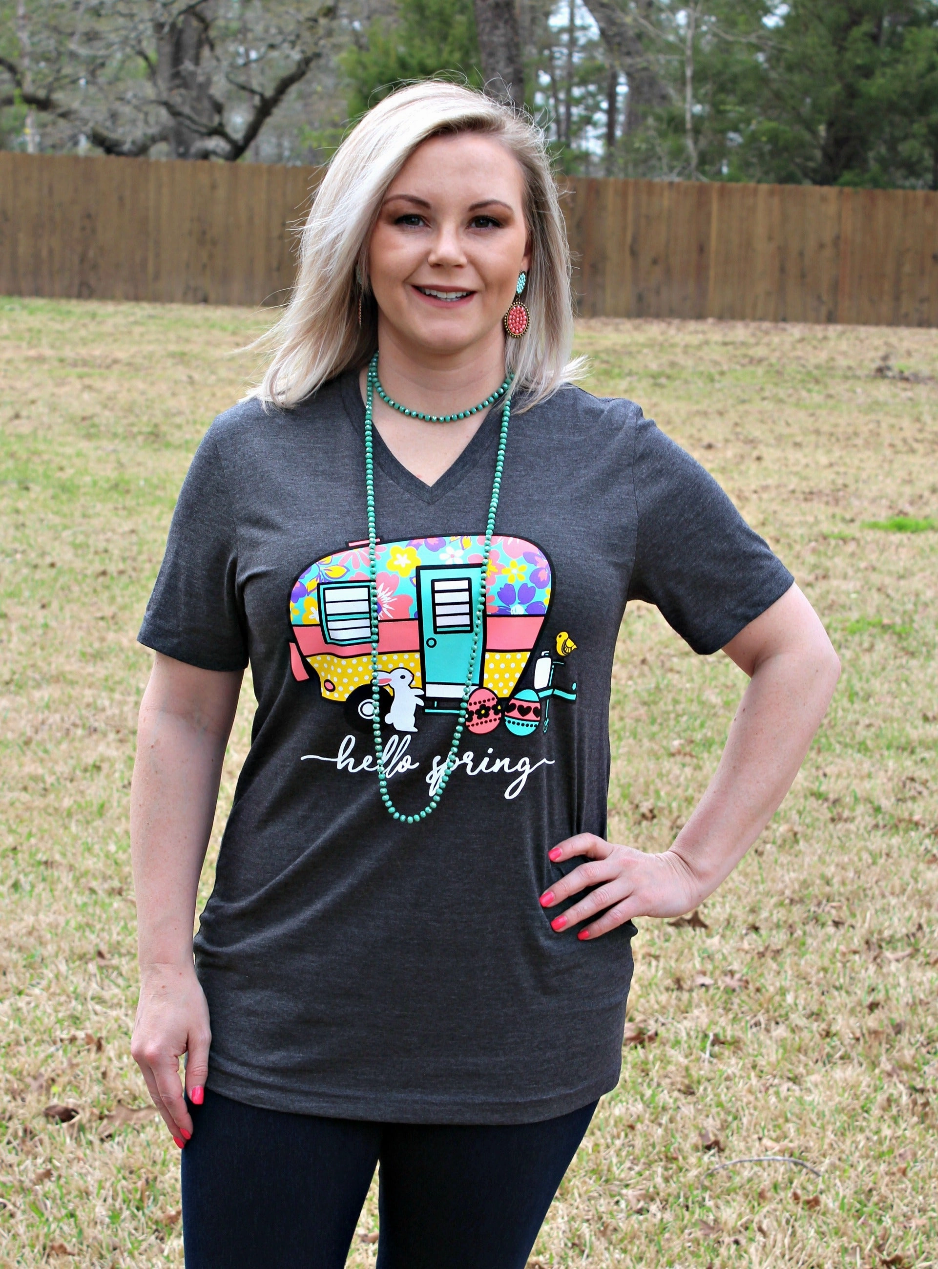 Hello Spring Camper Short Sleeve Tee Shirt in Charcoal Grey Athletic Comfort Wear Bohemian freedom