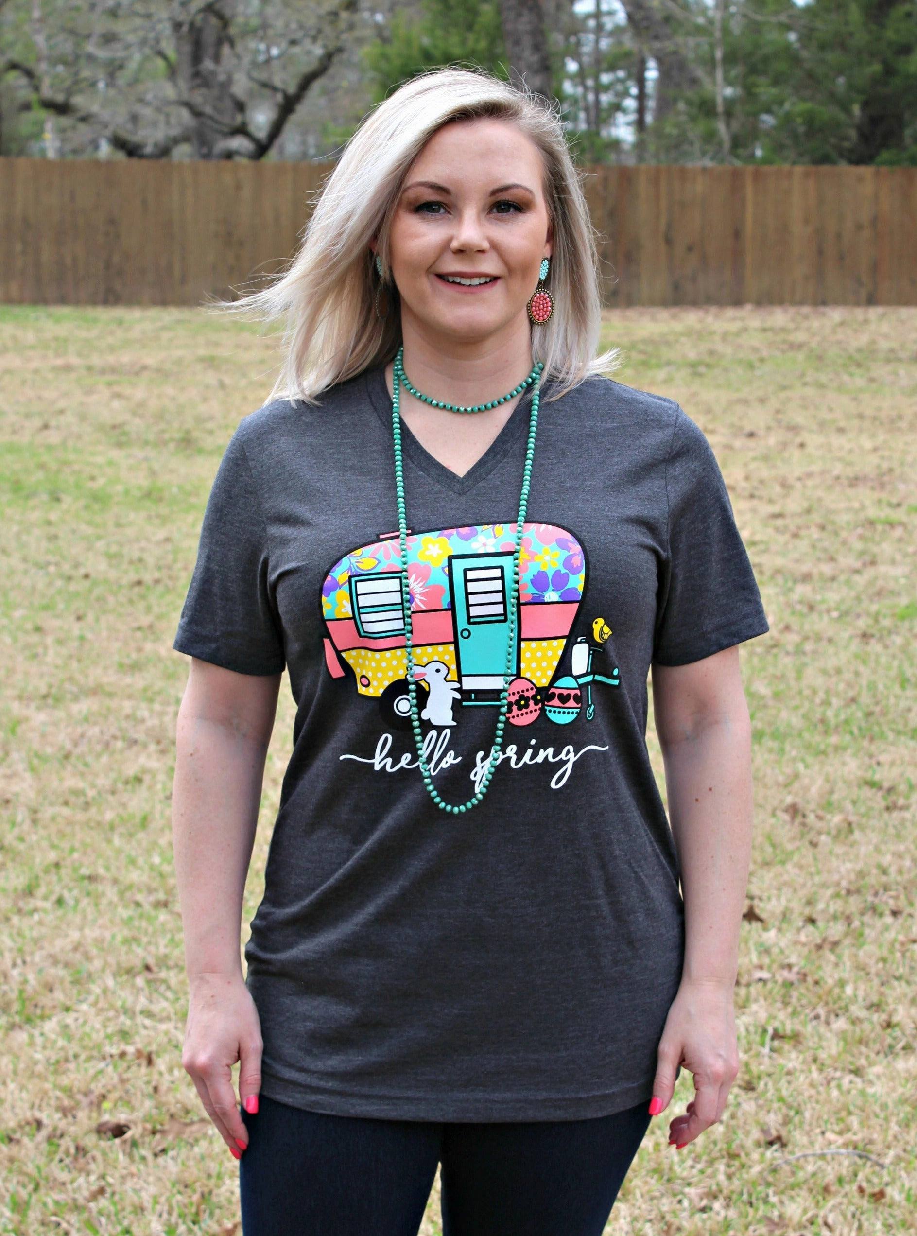 Hello Spring Camper Short Sleeve Tee Shirt in Charcoal Grey Chic Comfort Quick Fit