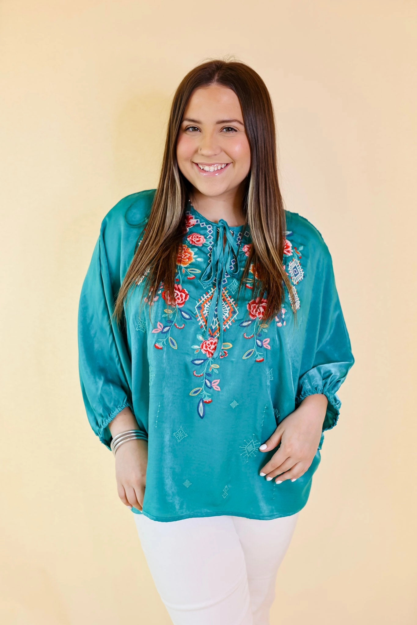 Durable Binding Never Out Done Floral Embroidered Poncho Top with Front Keyhole in Teal