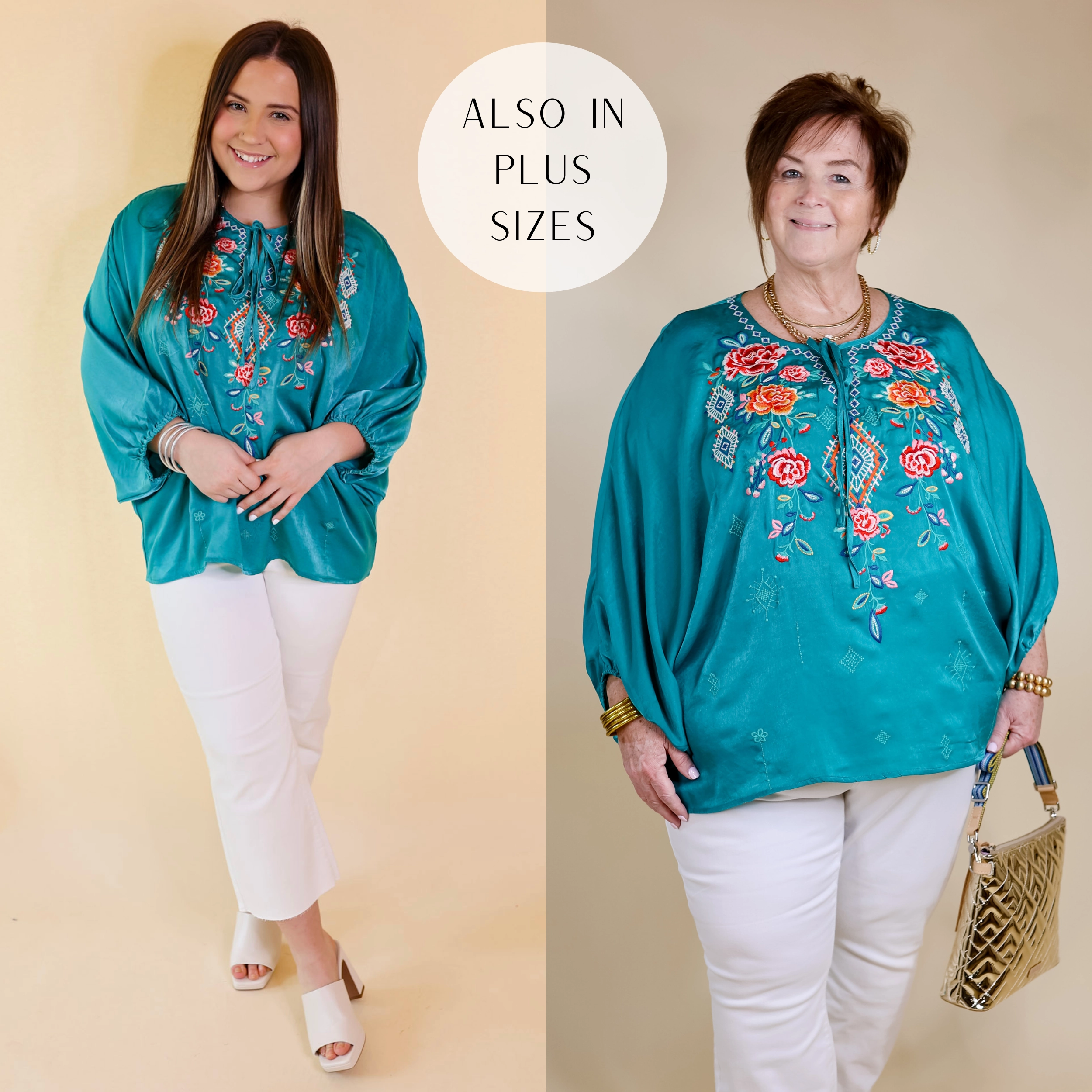 Flowy Tunic Never Out Done Floral Embroidered Poncho Top with Front Keyhole in Teal