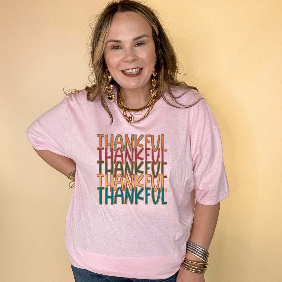 Chic Cut Moisture Wicking Technology Online Exclusive | Thankful Thankful Thankful Graphic Tee in Multiple Color Options