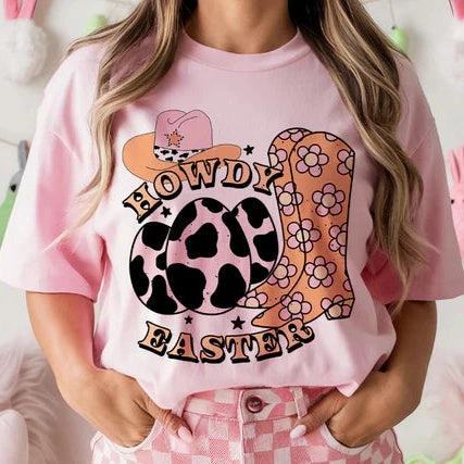 Formal Elegance Online Exclusive | Howdy Easter with Floral Boots and Cow Print Easter Egg Graphic Tee in Light Pink