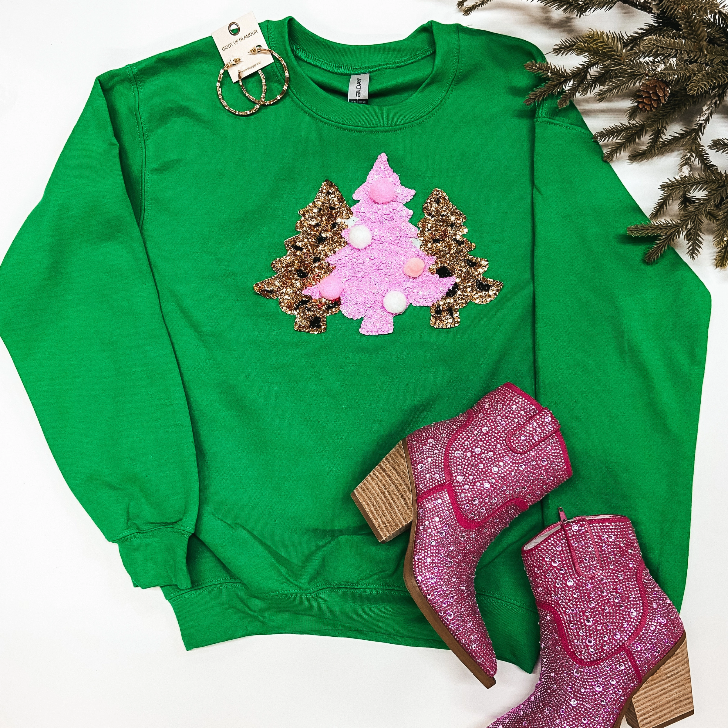 All I Want For Christmas Sequin Christmas Tree Graphic Sweatshirt in Green Car Cool