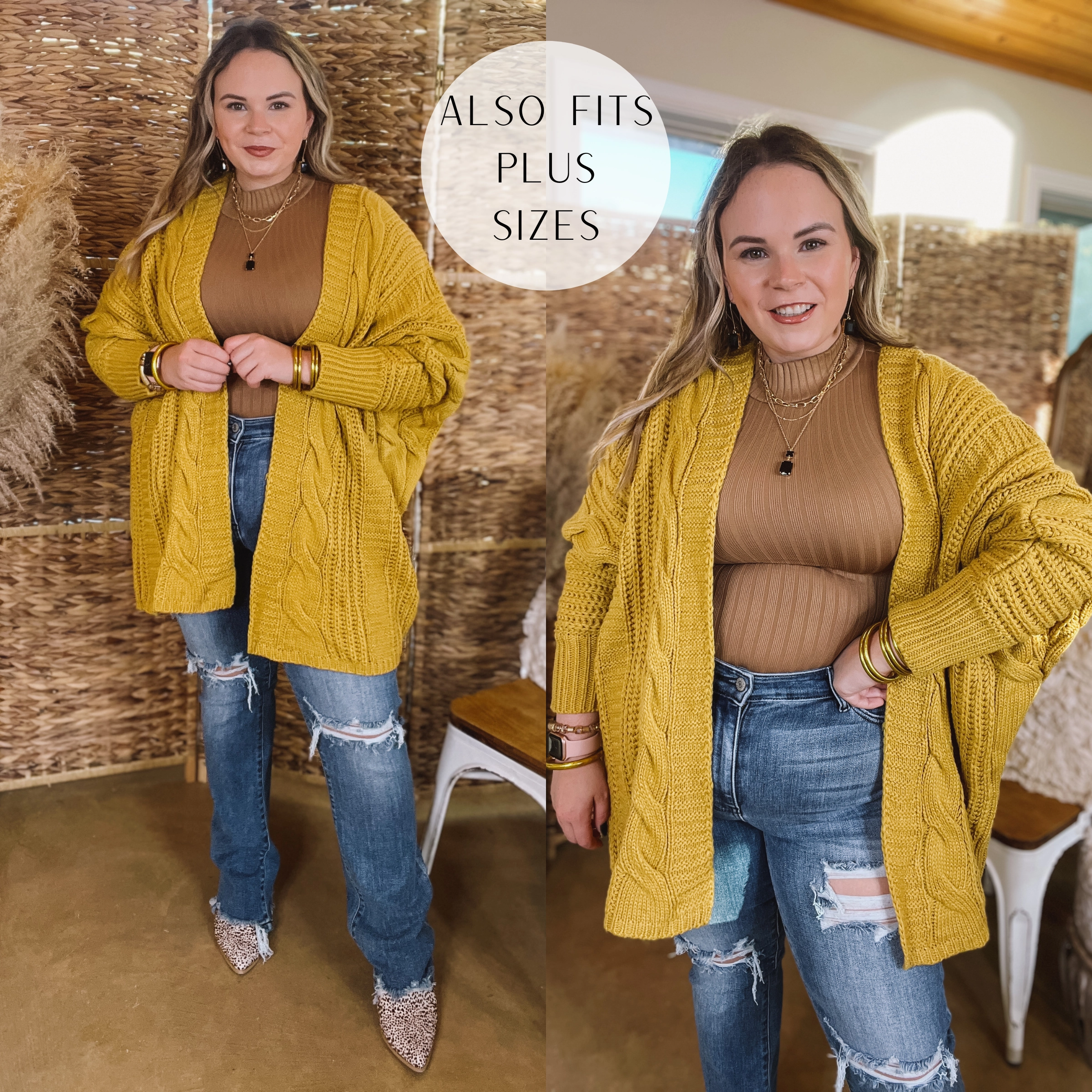 Versatile Layering Soft Touch Caramel Spice Kisses Long Sleeve Dolman Cardigan in Mustard Yellow
