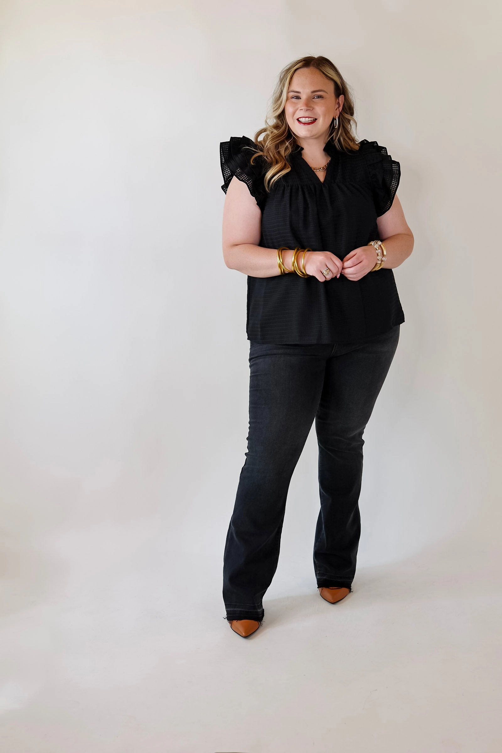 Play Mode Perfectly Fabulous Ruffle Cap Sleeve Top in Black