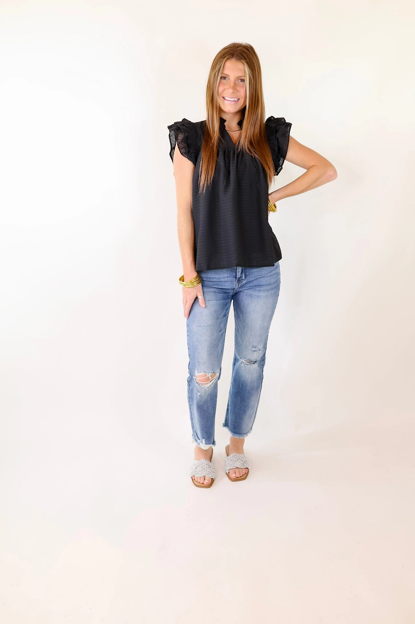 Ultraviolet Protection Layered Clothing Perfectly Fabulous Ruffle Cap Sleeve Top in Black