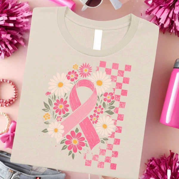 Moisture Management Technology Online Exclusive | Floral Breast Cancer Ribbon Graphic on Short Sleeve Tee in Sand Light Brown