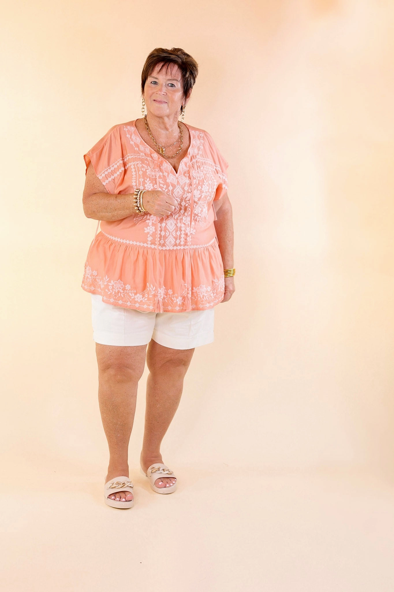 Craving Sunshine Embroidered Cap Sleeve Top with Keyhole in Light Coral Orange Garment Dyed Finish