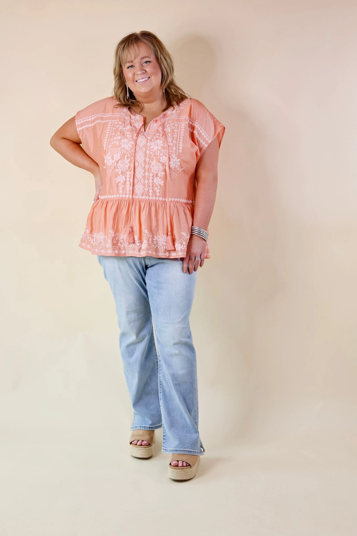NonIrritatingStitching TactileWeave Craving Sunshine Embroidered Cap Sleeve Top with Keyhole in Light Coral Orange