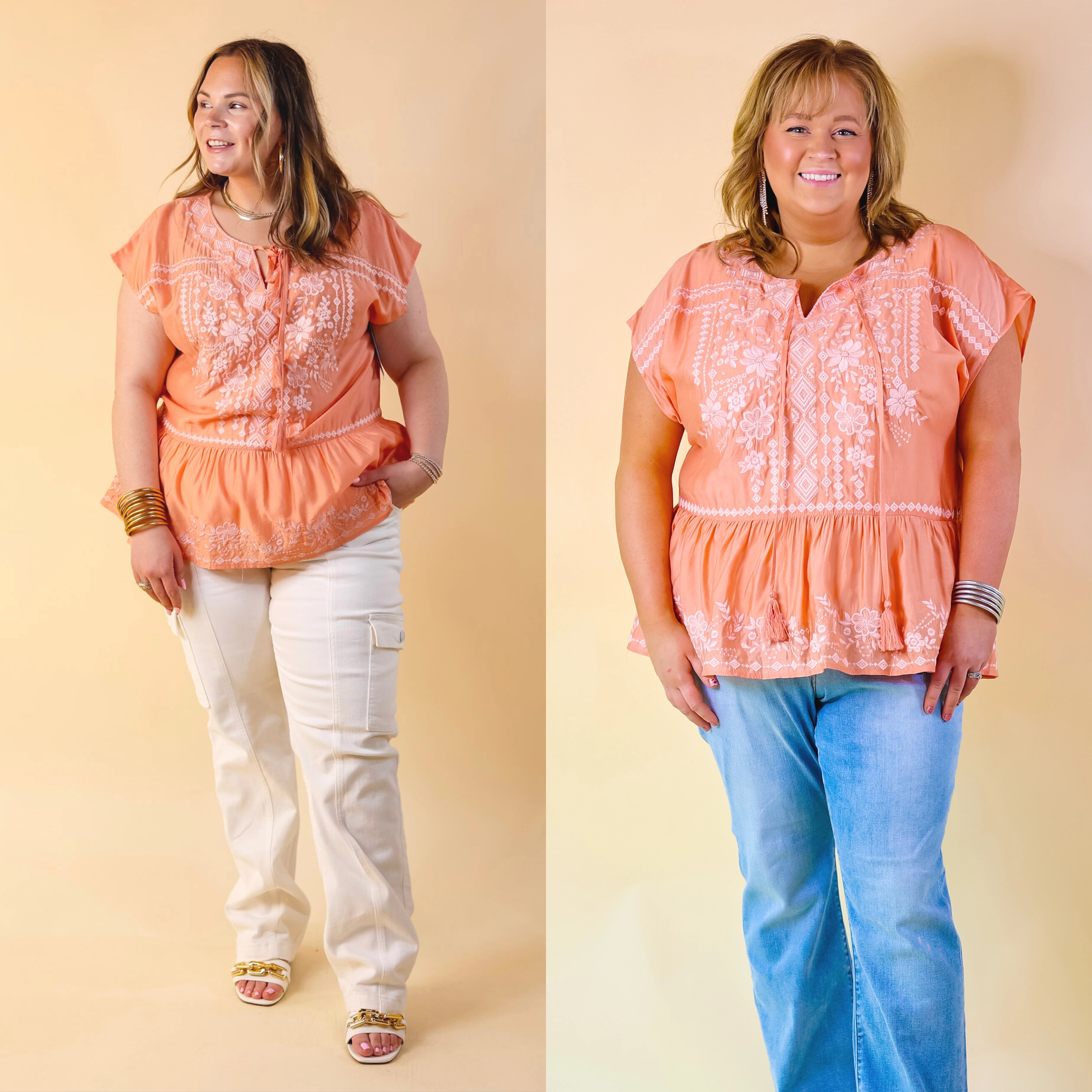 Craving Sunshine Embroidered Cap Sleeve Top with Keyhole in Light Coral Orange Anti Odor Finish Anti Bacterial Layer