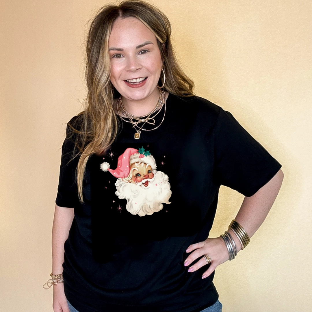 Online Exclusive | Santa Face with Pink Santa Hat Graphic Tee in Multiple Color Options Flexible Ribbed Neckline