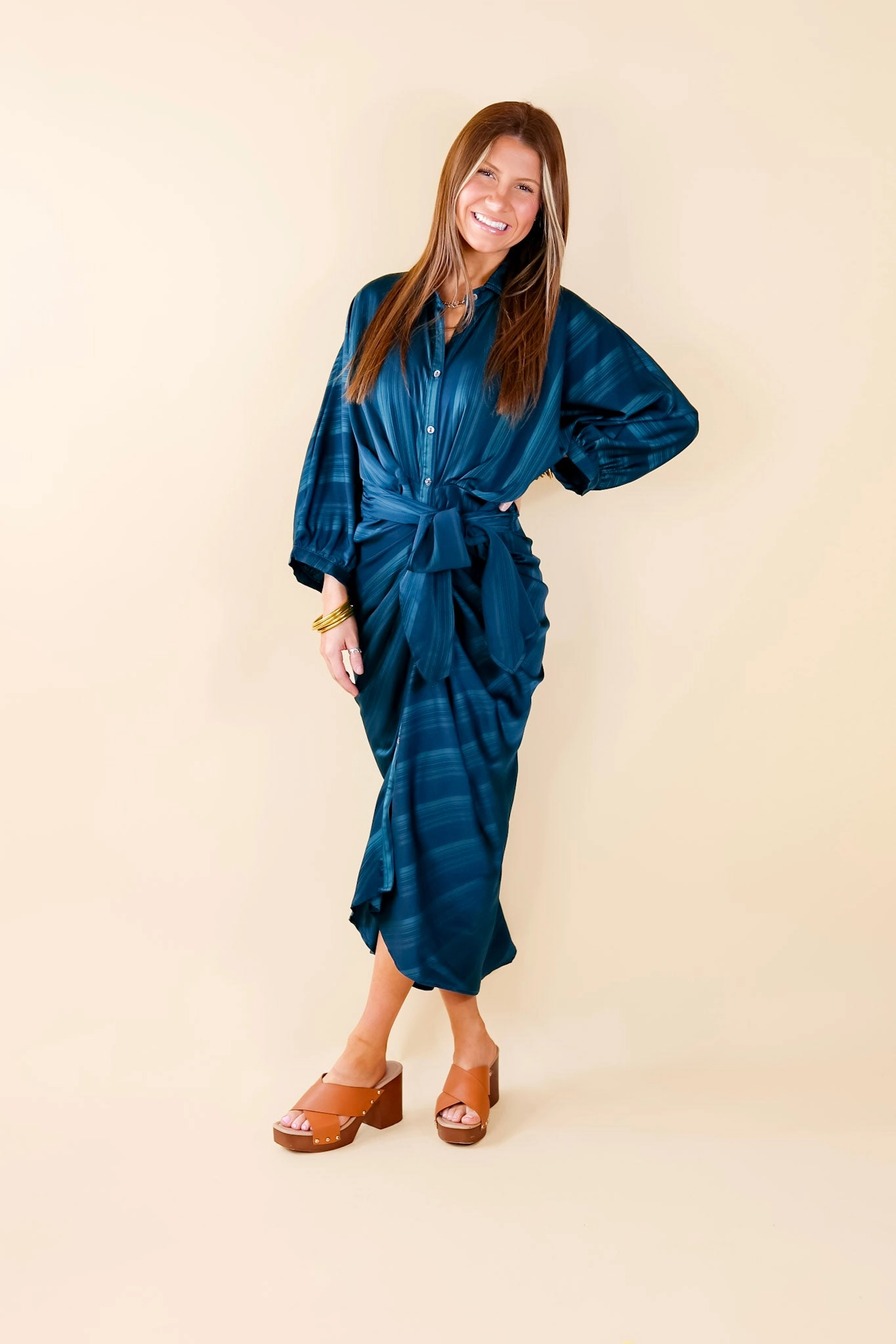 hypoallergenic material Decisions To Make Button Up Midi Dress in Dark Teal Blue